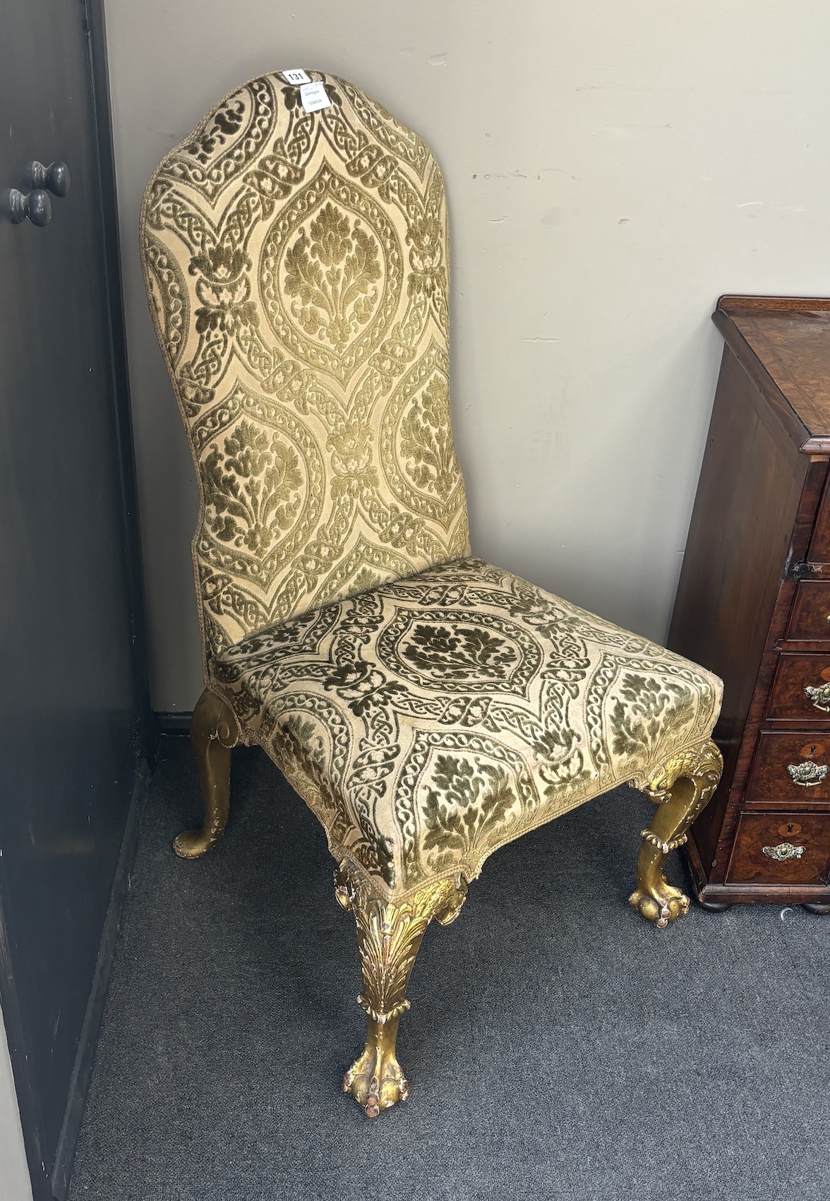 A pair of George II style giltwood side chairs, velvet brocade fabric, width 64cm, depth 64cm, height 114cm